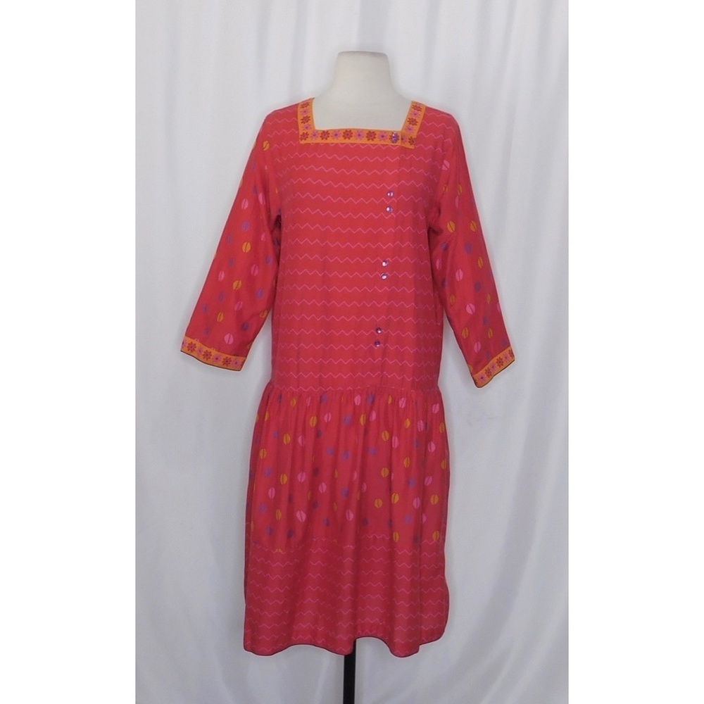 GUDRUN SJODEN Colorful Cotton Silk Dropwaist Dress Coffee Bean Print Floral‎ XS - Picture 3 of 11